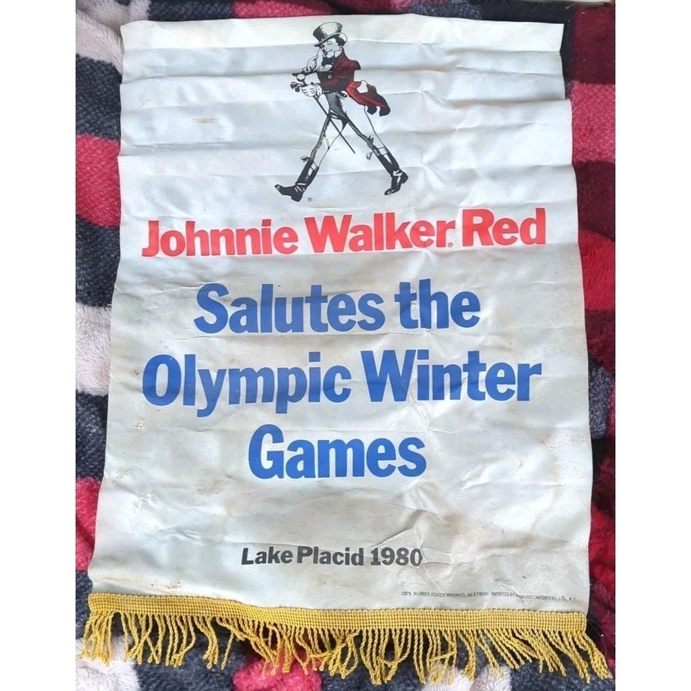 Vintage Johnnie Walker Red Lake Placid 1980 Olympics Advertising Flag Banner